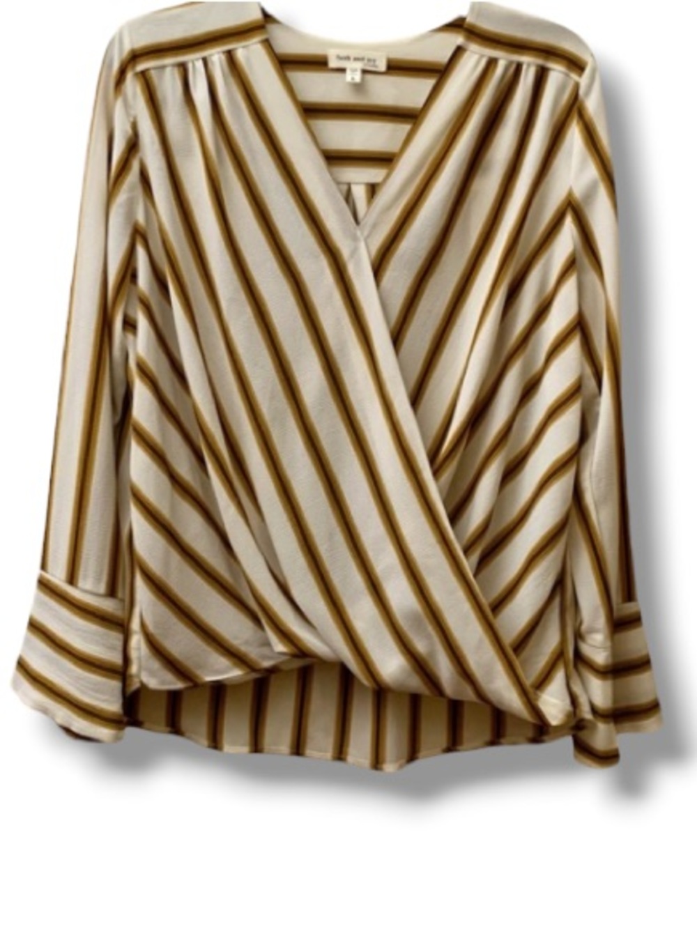 Faith & Joy Women’s Striped Wrap Shirt Blouse Top Yellow Blue Stripes
